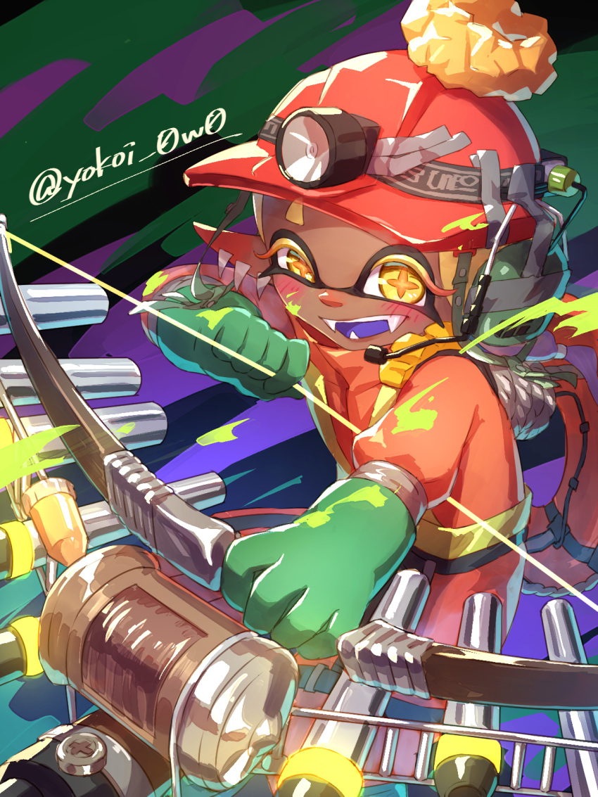 1girl, :d, blonde_hair, blush, bow_(weapon), colored_eyelashes, colored_tongue, cross-shaped_pupils, dark-skinned_female, dark_skin, duct_tape, earrings, eyebrows_visible_through_hat, fangs, food, food_on_head, frye_(splatoon), gloves, gradient_hair, green_gloves, grizzco_stringer_(splatoon), hardhat, headphones, helmet, high-visibility_vest, highres, holding, holding_bow_(weapon), holding_weapon, jewelry, lifebuoy, long_hair, looking_at_viewer, microphone, multicolored_hair, multiple_earrings, object_on_head, open_mouth, pointy_ears, purple_hair, purple_tongue, red_headwear, rubber_gloves, salmon_run, searchlight, smile, solo, splatoon_(series), splatoon_3, teeth, tempura, tentacle_hair, twitter_username, two-tone_hair, uneven_eyes, vest, weapon, yellow_eyes, yokoi_aya