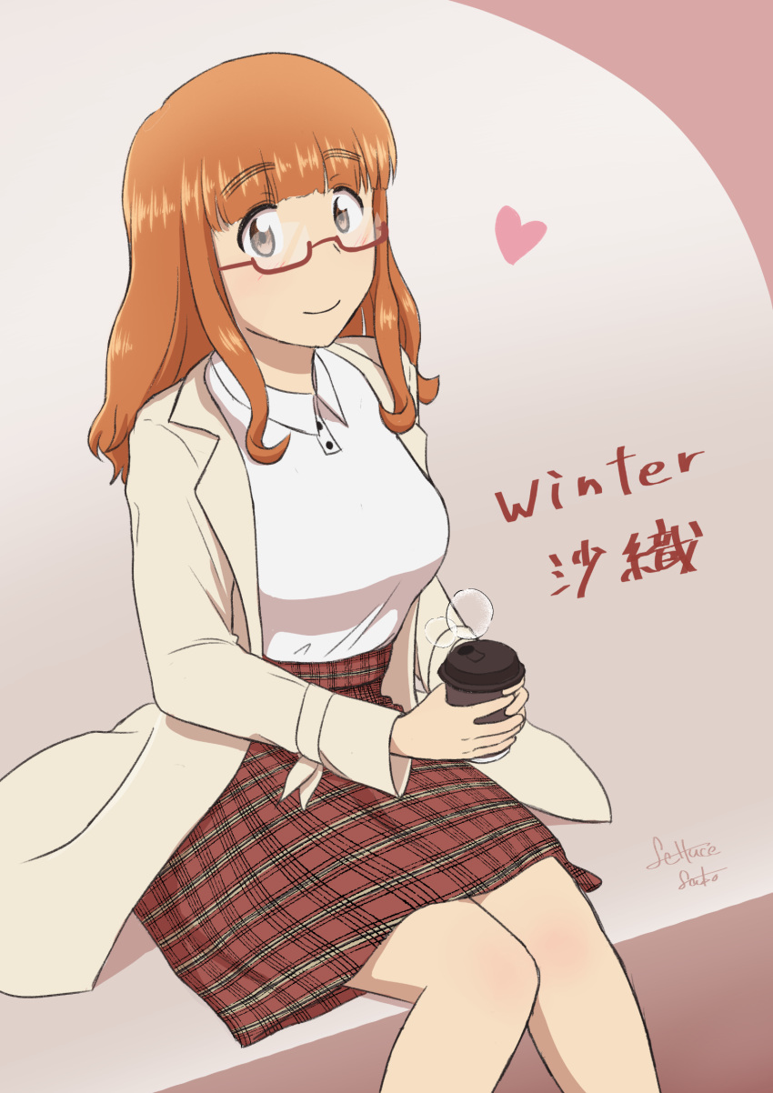 1girl, artist_name, bangs, blunt_bangs, casual, character_name, closed_mouth, coat, collared_shirt, commentary, cup, disposable_cup, english_text, girls_und_panzer, glasses, heart, highres, holding, holding_cup, lettuce-labo, long_hair, looking_at_viewer, medium_skirt, orange_eyes, orange_hair, plaid, plaid_skirt, red-framed_eyewear, red_skirt, semi-rimless_eyewear, shirt, signature, sitting, skirt, smile, solo, steam, takebe_saori, under-rim_eyewear, white_coat, white_shirt, winter_clothes