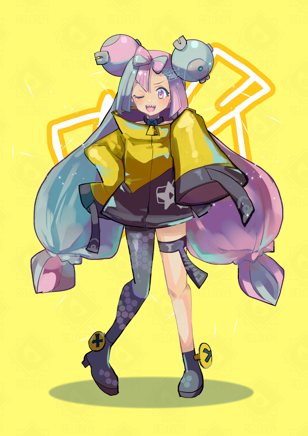 1girl, aqua_hair, bow-shaped_hair, character_hair_ornament, hair_ornament, highres, iono_(pokemon), jacket