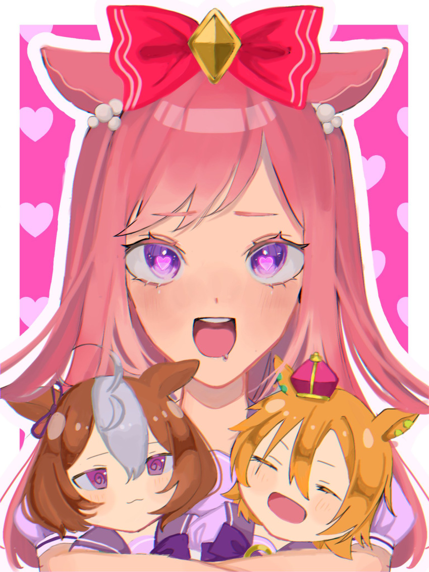 1girl, 39818sos, @_@, agnes_digital_(umamusume), animal_ears, blush, bow, brown_hair