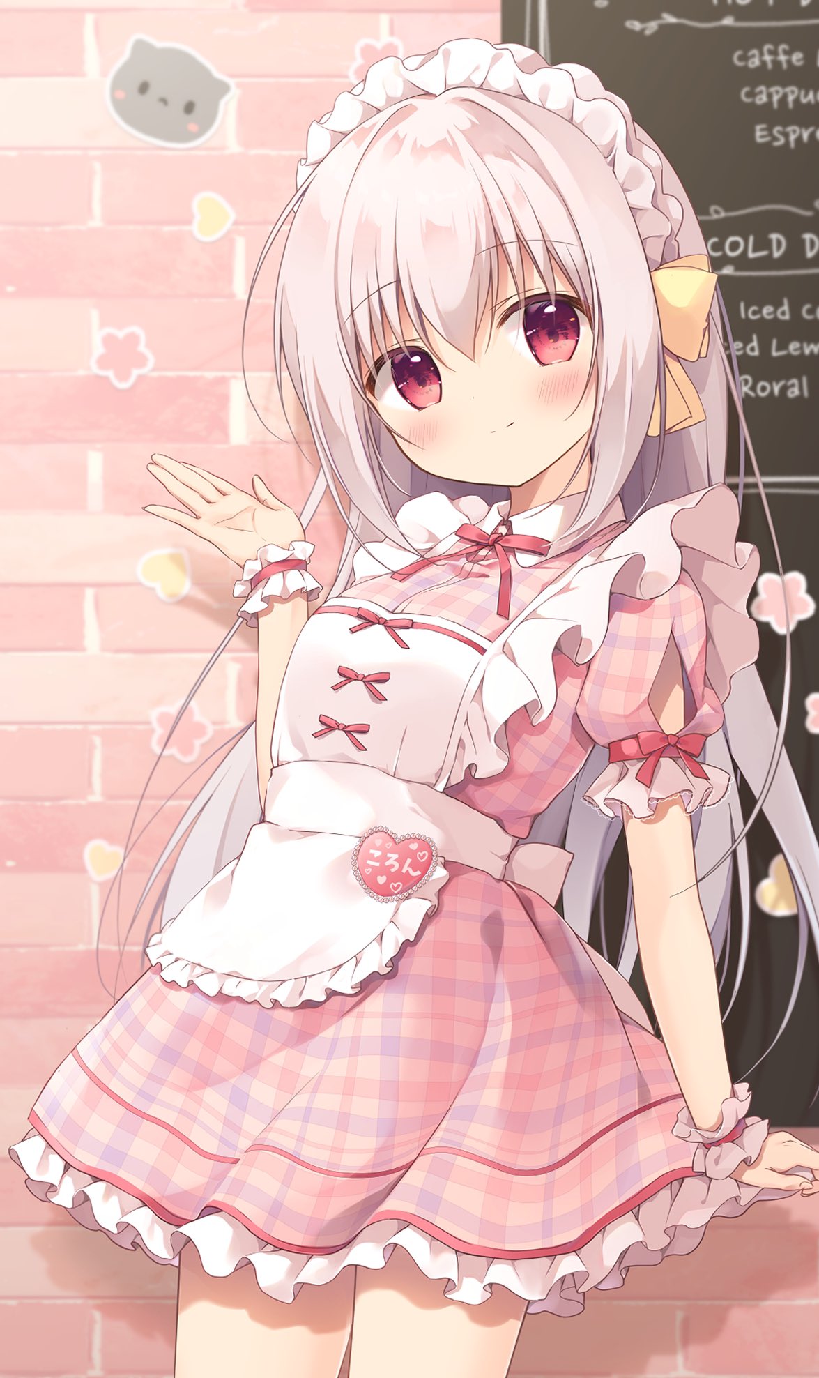 1girl, apron, bangs, blush, bow, breasts, brick_wall, closed_mouth, commentary, dress, english_text, frilled_apron, frilled_dress, frills, grey_hair, hair_between_eyes, hair_bow, hand_up, heart, highres, inae_koron, koi_ni_kanmi_o_soete, maid_headdress, miyasaka_naco, pink_dress, plaid, plaid_dress, puffy_short_sleeves, puffy_sleeves, red_bow, red_eyes, short_sleeves, small_breasts, smile, solo, symbol-only_commentary, waitress, white_apron, wrist_cuffs, yellow_bow