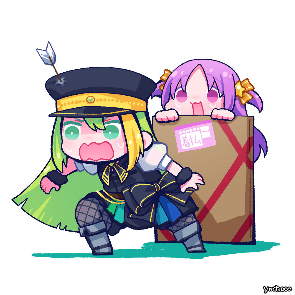 2girls, alina_gray, bangs, black_bow, black_footwear, black_headwear, black_necktie, black_vest