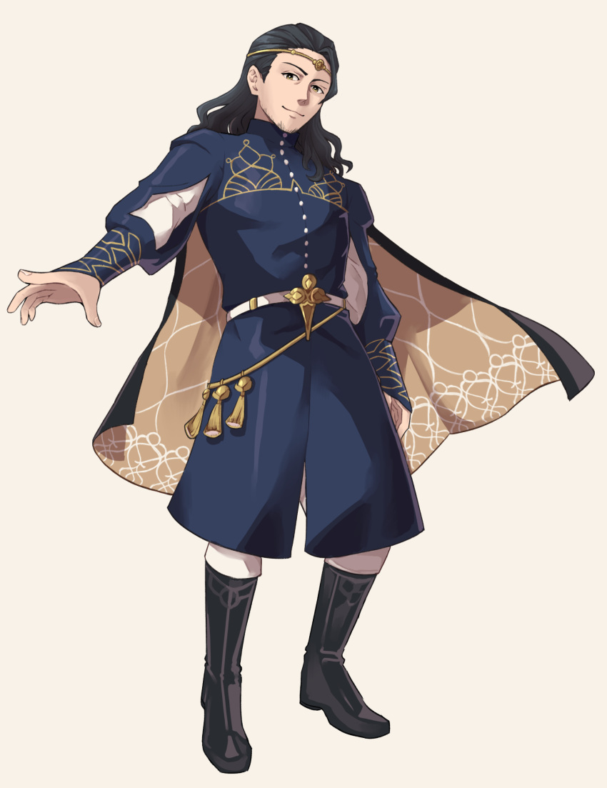 1boy, black_footwear, black_hair, boots, cape, circlet, coat, cosplay, fire_emblem, fire_emblem:_three_houses, highres, long_hair, long_sleeves, lucas_(rune_factory), male_focus, mark_whitten, pants, seteth_(fire_emblem), seteth_(fire_emblem)_(cosplay), simple_background, solo, standing, tan_background, voice_actor_connection, white_pants