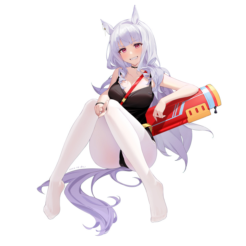 1girl, absurdres, bangs, breasts, eyebrows_hidden_by_hair, gold_ship_(run_revolt_launcher)_(umamusume), gold_ship_(umamusume), highres, horse_girl, long_hair, looking_at_viewer, open_mouth, pantyhose, simple_background, sitting, smile, solo, swimsuit, tangdouji_(machine), teeth, umamusume, very_long_hair, violet_eyes, white_background, white_hair, white_pantyhose