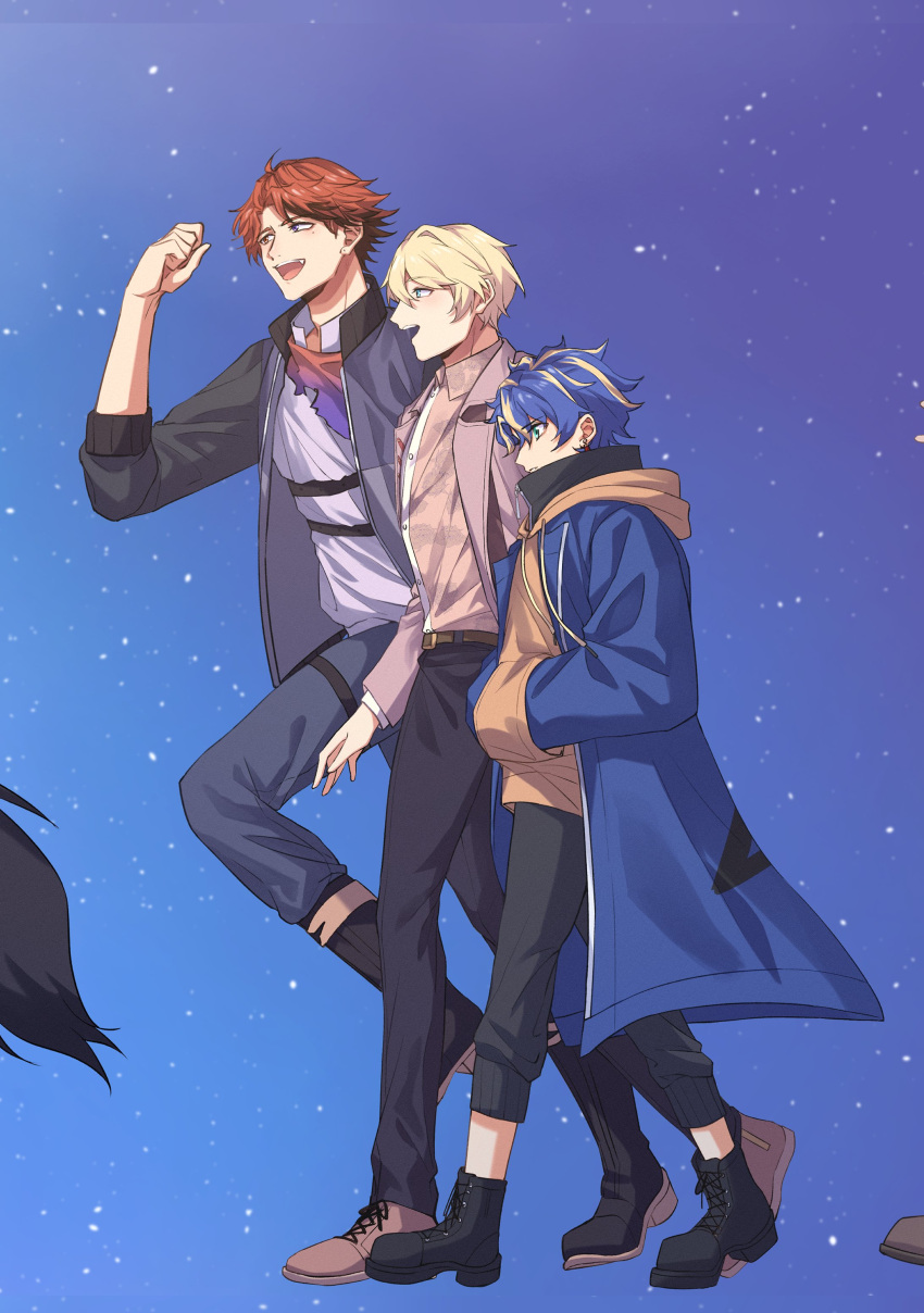3boys, :d, absurdres, ahoge, akaie11, alternate_costume, ankle_boots, aqua_eyes