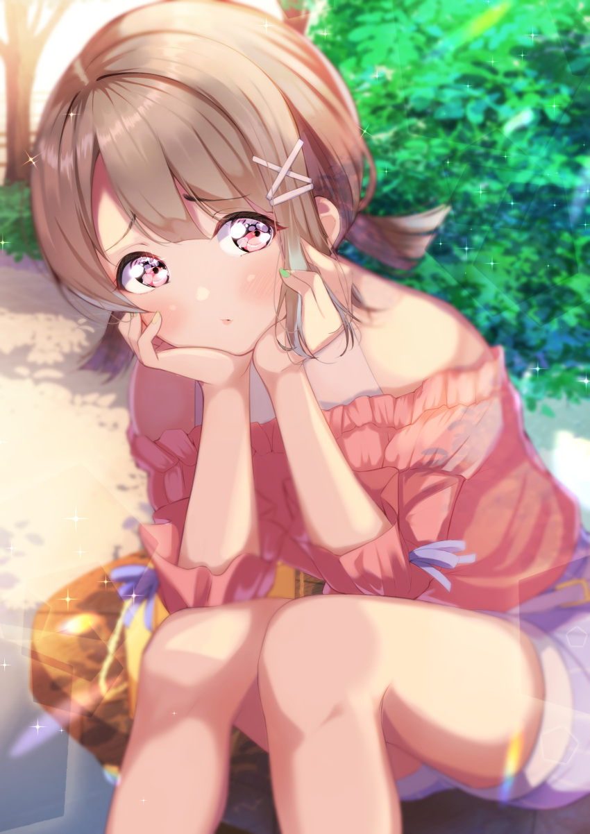 1girl, absurdres, blush, commentary, day, furrowed_brow, green_nails, hair_ornament