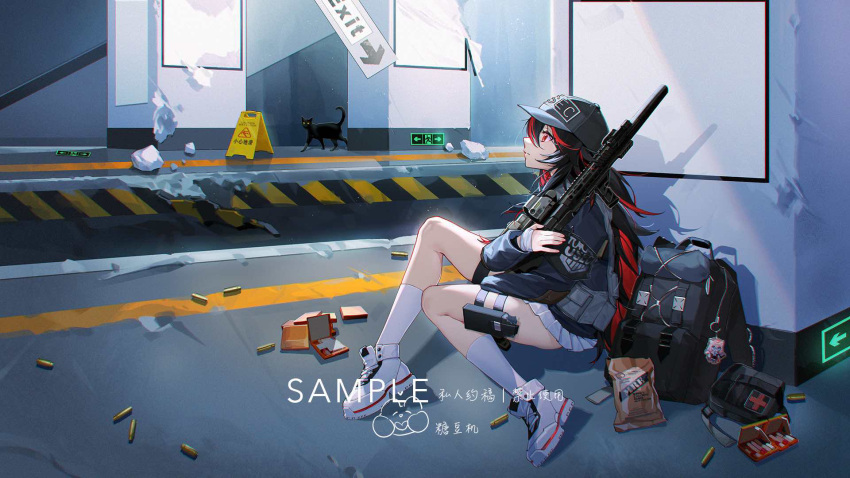 1girl, animal, assault_rifle, backpack, bag, bangs, beret, black_cat