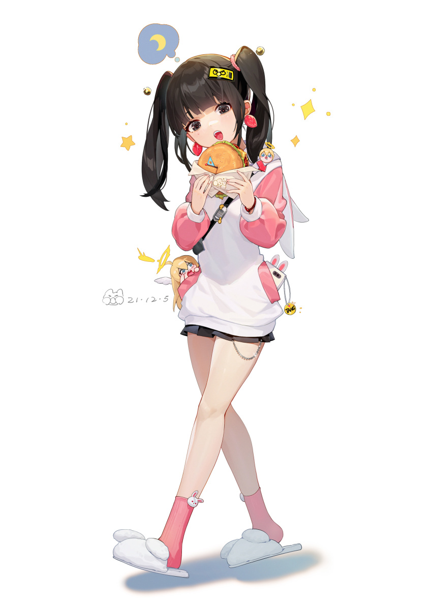 2girls, absurdres, angel, angel_wings, bangs, black_eyes, black_hair, burger