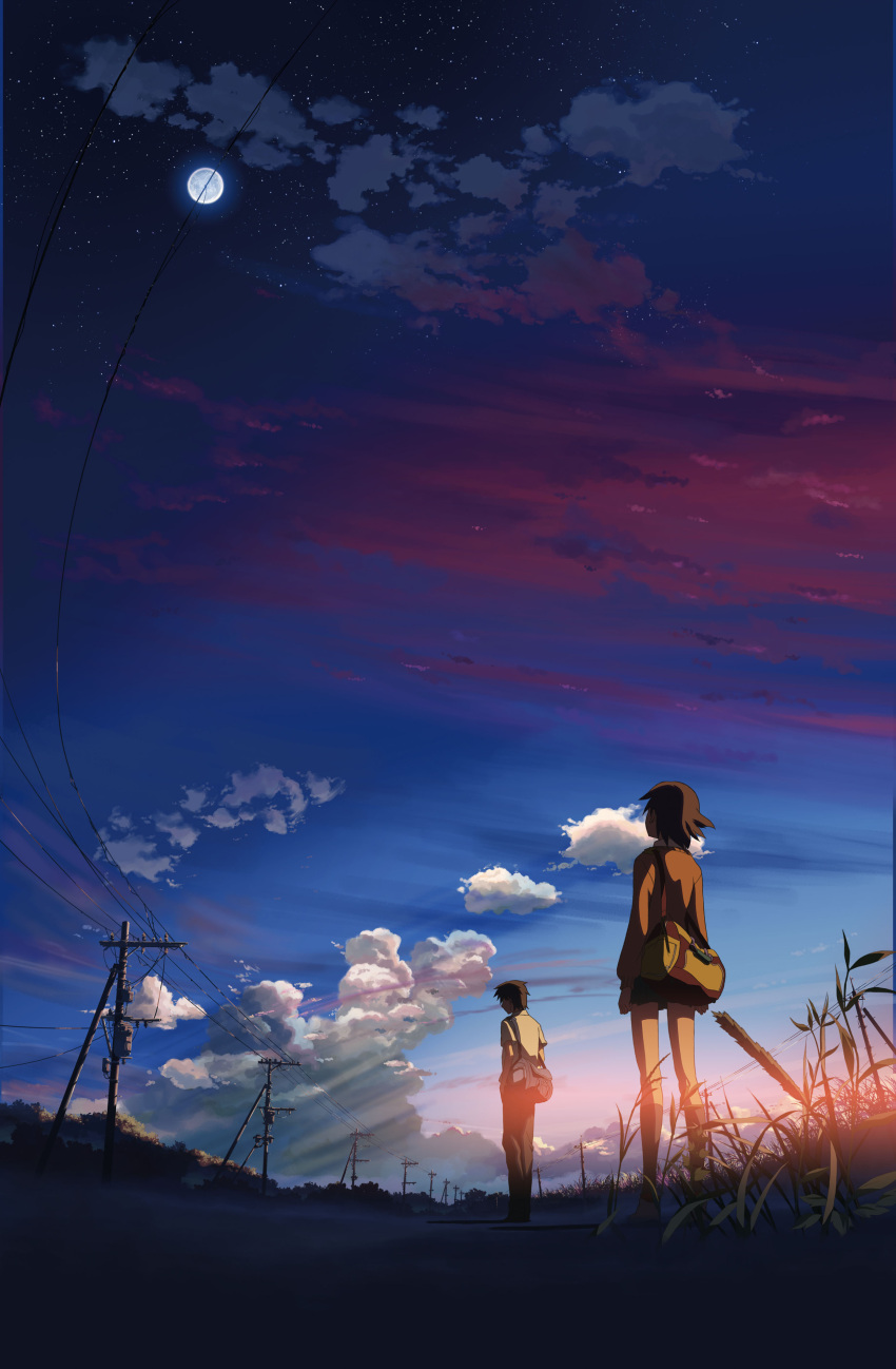 absurdres, casual, cloud, highres, moon, power_lines, scenery, shinkai_makoto