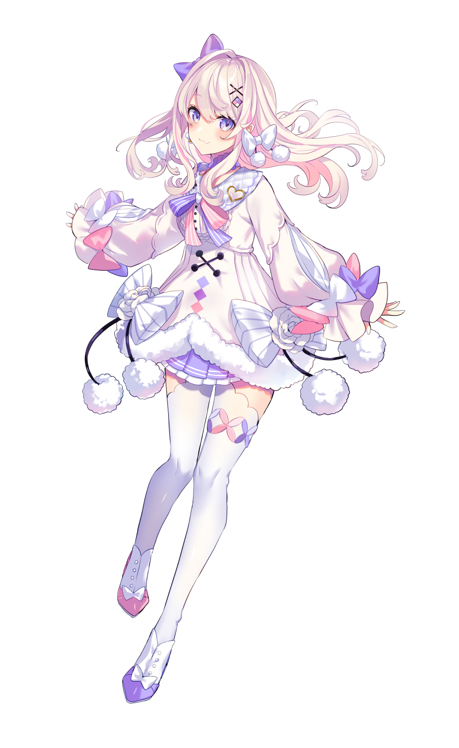 1girl, :3, asymmetrical_footwear, bangs, blue_bow, blue_choker, blue_eyes, blue_footwear, blue_ribbon, blue_skirt, bow, brooch, choker, closed_mouth, coat_dress, colored_inner_hair, diamond_(shape), diamond_hair_ornament, dot_nose, dress, earrings, flower, footwear_bow, full_body, fur_trim, hair_bow, hair_intakes, hair_ornament, heart_brooch, highres, indie_virtual_youtuber, jewelry, knees, light_brown_hair, long_hair, long_sleeves, looking_at_viewer, mismatched_footwear, misumi_no_harawata, multicolored_hair, nail_polish, official_art, pendant_choker, pink_bow, pink_footwear, pink_hair, pink_ribbon, pleated_skirt, pom_pom_(clothes), rhombus, ribbon, rose, saine, simple_background, skirt, sleeves_past_wrists, solo, tachi-e, thigh-highs, thigh_strap, two-tone_hair, two-tone_ribbon, virtual_youtuber, watagashi_unou, white_background, white_bow, white_dress, white_flower, white_nails, white_rose, white_thighhighs, x_hair_ornament