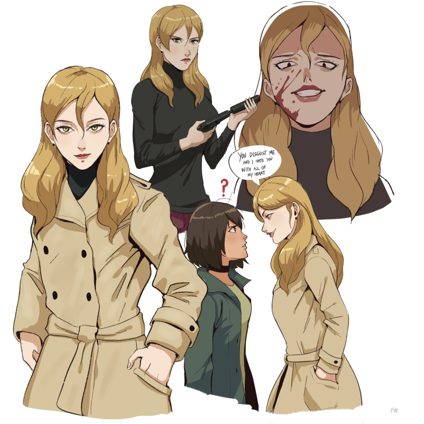 2girls, ?, black_choker, blonde_hair, blood, blood_on_face, breasts, brown_hair