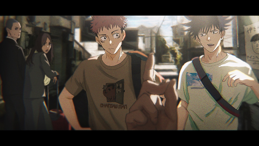 2girls, 3boys, alternate_costume, animification, arashi_(boom_sate225), bandages, black_hair, blurry