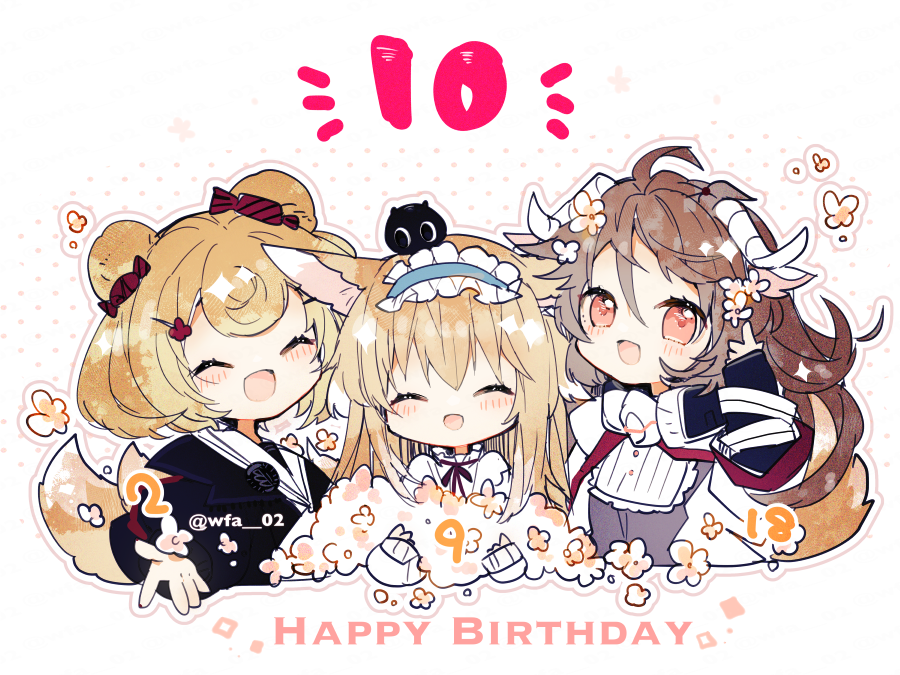 3girls, :d, ^_^, ahoge, animal_ears, arknights, bear_ears, bear_girl