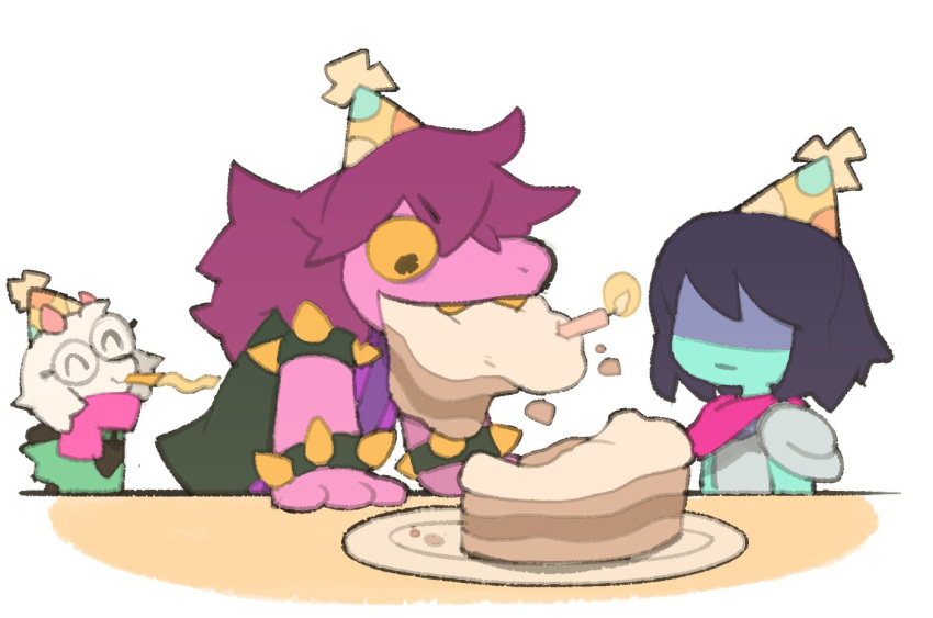 1boy, 1girl, 1other, animal_ears, anniversary, armor, birthday_cake, black_vest