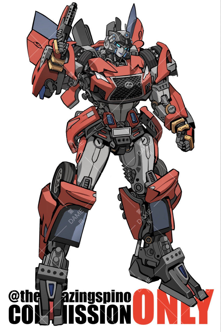 1girl, blue_eyes, blue_lips, clenched_hand, commission, full_body, gun, head_tilt