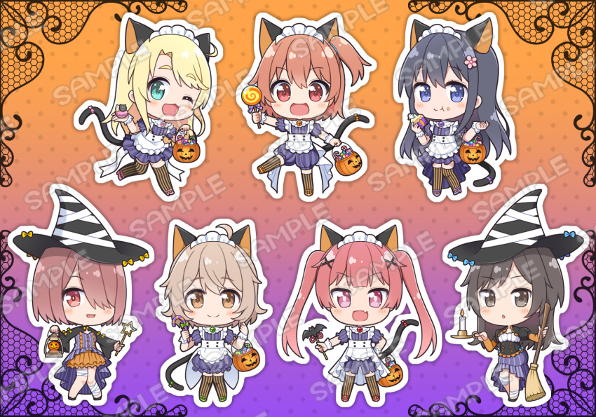 6+girls, :t, ;d, apron, bandages, black_footwear, black_hair, black_headwear, blonde_hair, blue_eyes, blush, broom, brown_eyes, brown_hair, candle, candy, candy_cane, chibi, closed_mouth, commentary_request, cupcake, dress, eating, fire, food, food_on_face, frilled_apron, frilled_skirt, frills, green_eyes, green_footwear, grey_eyes, hair_over_one_eye, halloween, hat, high_heels, himesaka_noa, holding, holding_broom, holding_candy, holding_food, holding_lantern, holding_lollipop, holding_wand, hoshino_hinata, hoshino_miyako_(wataten), konomori_kanon, lantern, layered_sleeves, lollipop, long_sleeves, macaron, maid_headdress, matsumoto_kouko, multiple_girls, one_eye_closed, one_side_up, orange_footwear, orange_skirt, outline, pink_footwear, pleated_dress, puffy_dress, puffy_short_sleeves, puffy_shorts, puffy_sleeves, purple_dress, purple_footwear, purple_shirt, purple_shorts, red_eyes, red_footwear, redhead, ryuuka_sane, sample_watermark, shirosaki_hana, shirt, shoes, short_over_long_sleeves, short_sleeves, shorts, skirt, smile, standing, standing_on_one_leg, star_(symbol), striped, striped_dress, striped_shirt, striped_shorts, striped_thighhighs, swirl_lollipop, tanemura_koyori, thigh-highs, vertical-striped_dress, vertical-striped_shirt, vertical-striped_shorts, vertical-striped_thighhighs, vertical_stripes, violet_eyes, wand, watashi_ni_tenshi_ga_maiorita!, white_apron, white_outline, wide_sleeves, witch_hat, wrist_cuffs
