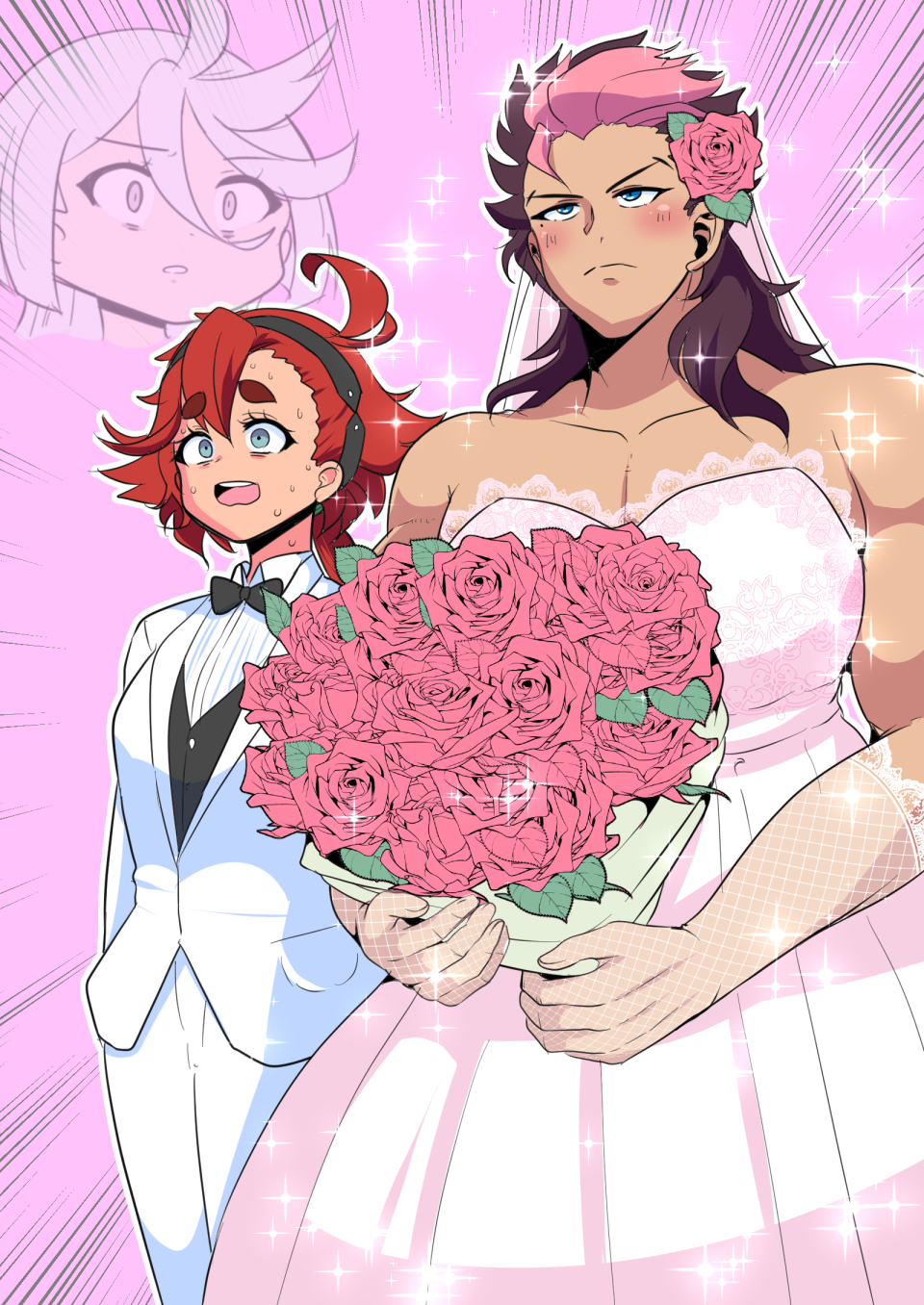 1boy, 2girls, ahoge, aqua_eyes, bangs, black_hairband, blue_eyes, blush