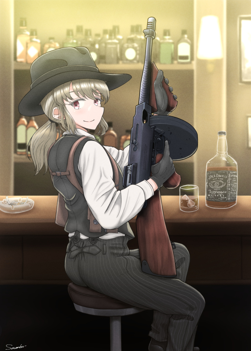 1girl, alcohol, ashtray, bar_stool, black_gloves, black_headwear, black_pants, black_vest
