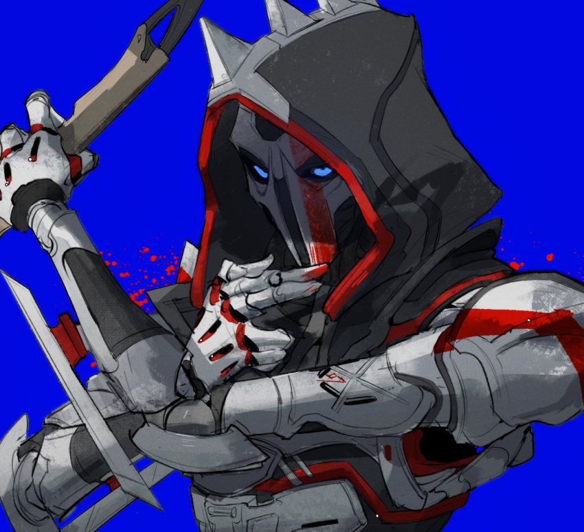 1girl, apex_legends, ash_(titanfall_2), blood, blood_on_hands, blue_background, blue_eyes, chain_of_command_ash