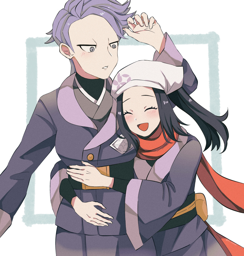 2girls, :d, absurdres, akari_(pokemon), belt, belt_buckle, black_belt, black_hair