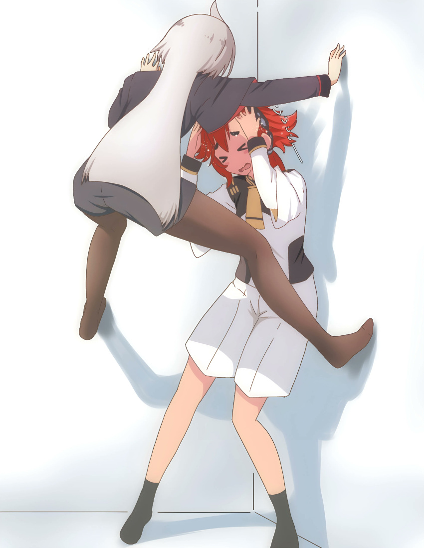 >_<, 2girls, absurdres, ahoge, arcrigel, cicada_block_(meme), grey_hair, gundam, gundam_suisei_no_majo, hairband, hands_on_own_head, highres, long_hair, meme, military, military_uniform, miorine_rembran, multiple_girls, no_shoes, open_mouth, pantyhose, ponytail, redhead, suletta_mercury, uniform, yuri