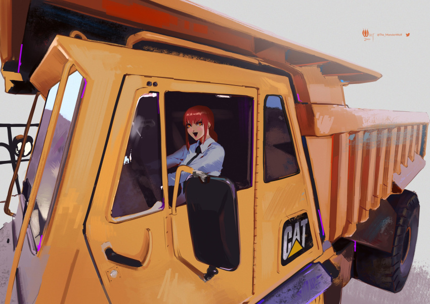 1girl, absurdres, black_necktie, chainsaw_man, collared_shirt, driving, dump_truck, ground_vehicle