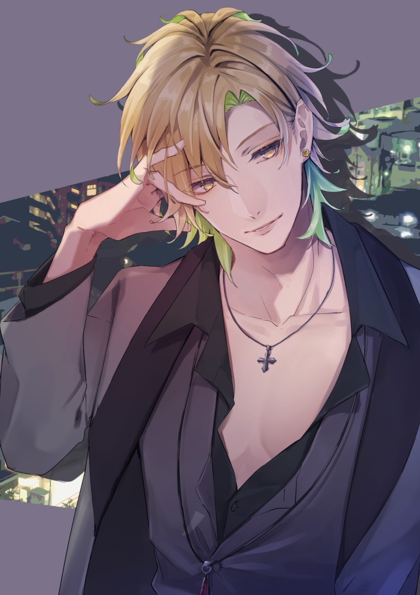 1boy, black_shirt, blonde_hair, city, collared_shirt, colored_inner_hair, cross, cross_necklace