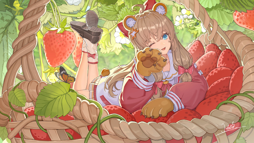 1girl, ;d, a-soul, absurdres, animal_ears, animal_hands, ankle_socks, backlighting