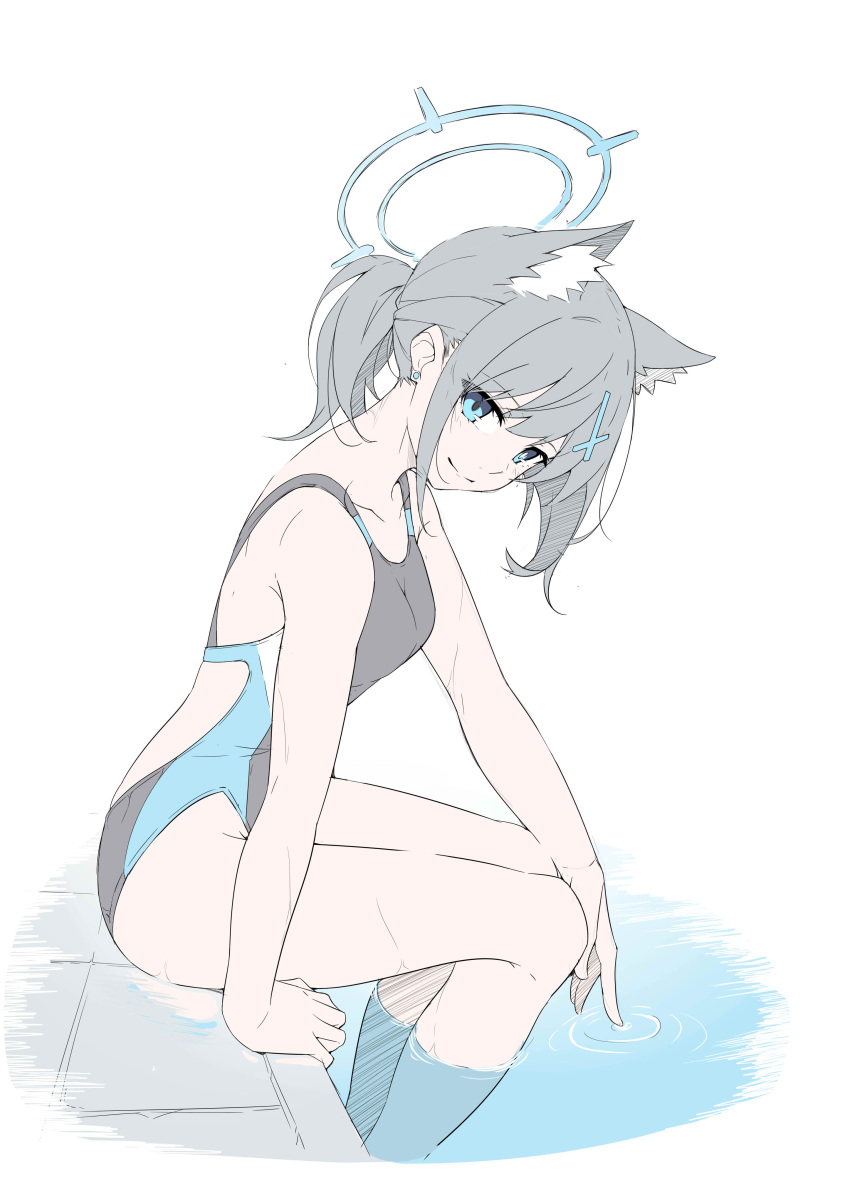 absurdres, animal_ear_fluff, animal_ears, black_one-piece_swimsuit, blue_archive, blue_eyes, competition_swimsuit, cross_hair_ornament