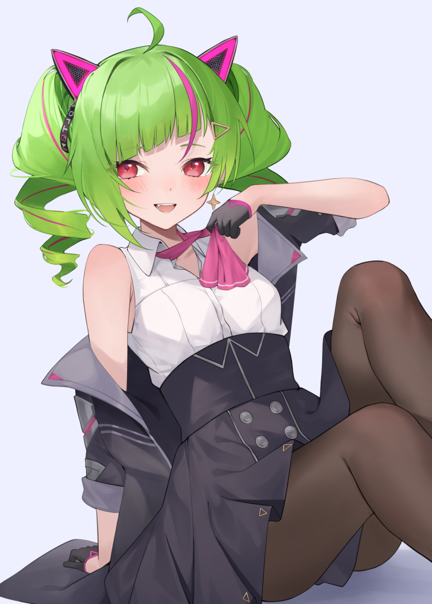 1girl, ahoge, armpit_crease, bangs, black_gloves, black_jacket, black_pantyhose, black_skirt