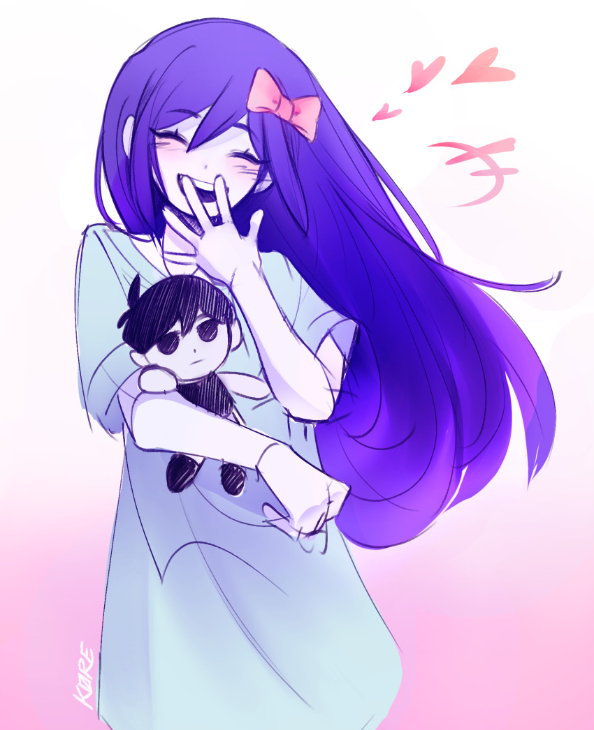 1girl, aubrey_(omori), blue_shirt, character_doll, closed_eyes, colored_skin, heart, highres