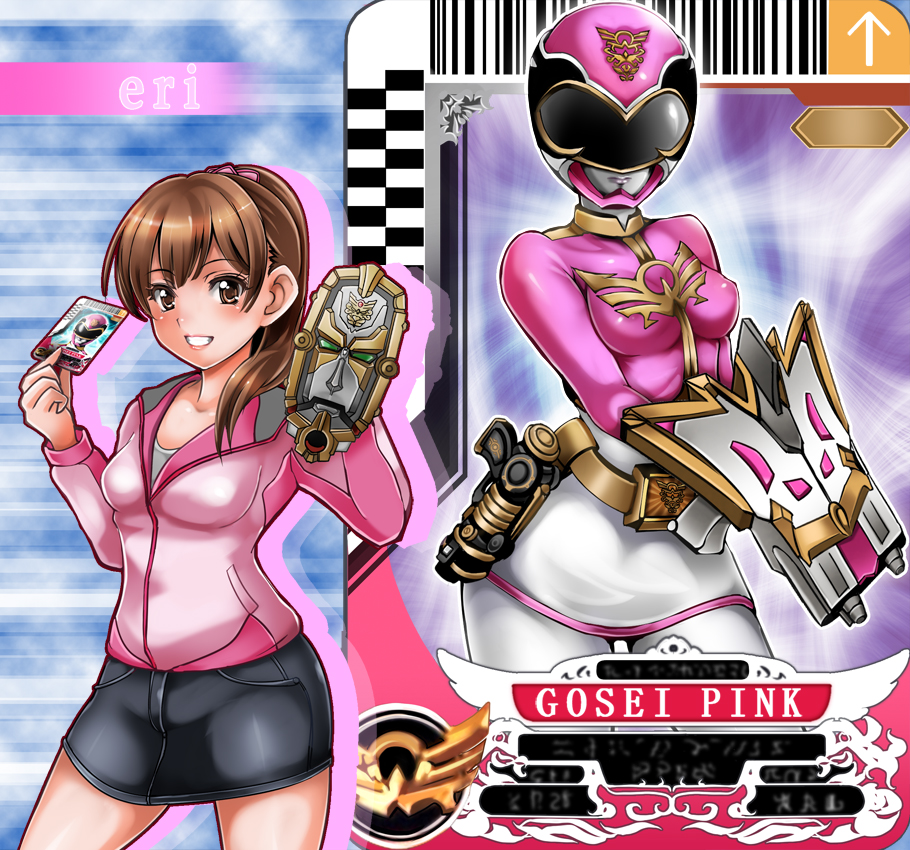 1041_(toshikazu), 1girl, alluring, belt, breasts, card, eri_(goseiger), gosei_pink