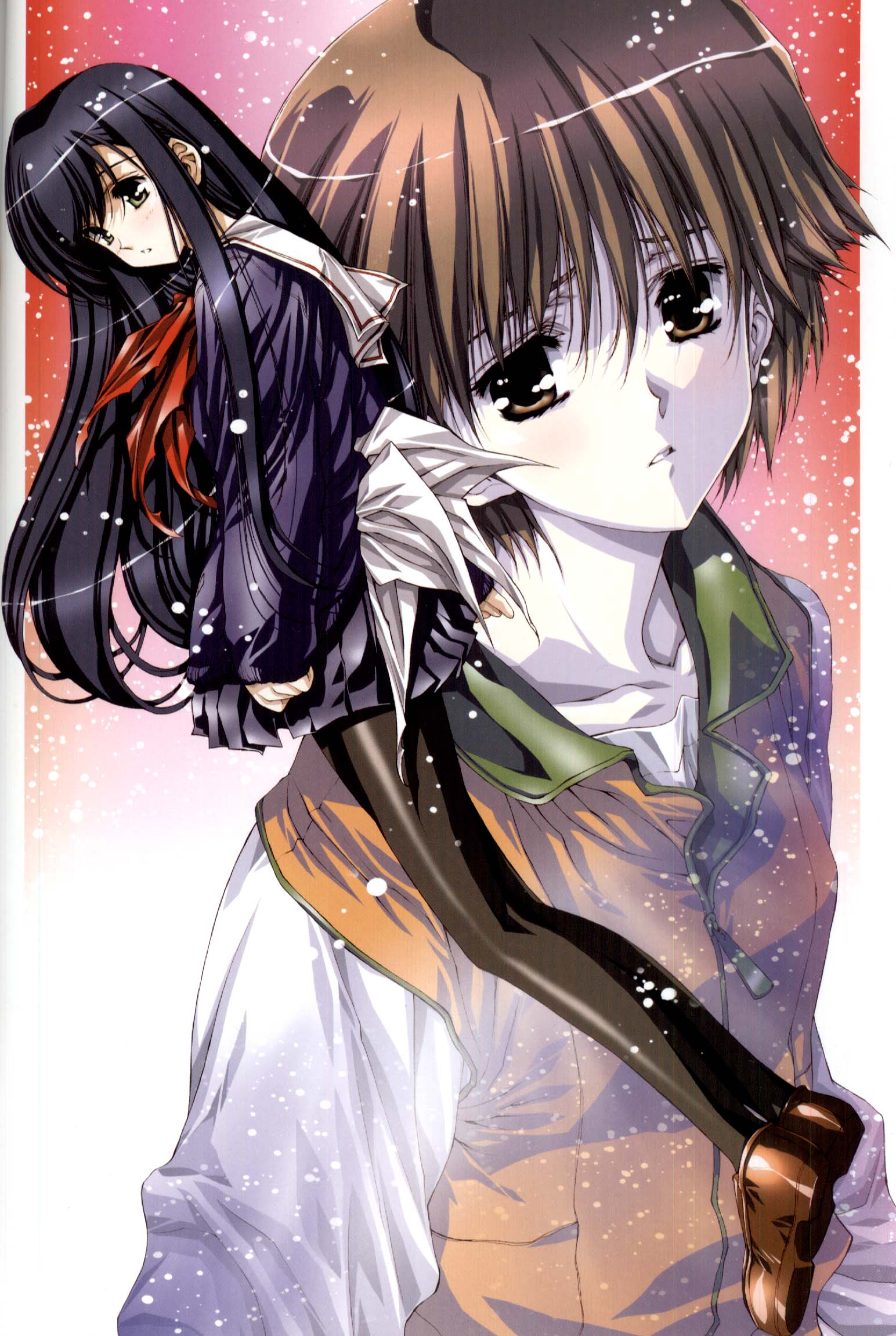 highres, maho_hazuki, multiple_girls, pantyhose, sakaki_shinobu, scanning_artifacts, school_uniform, snowing