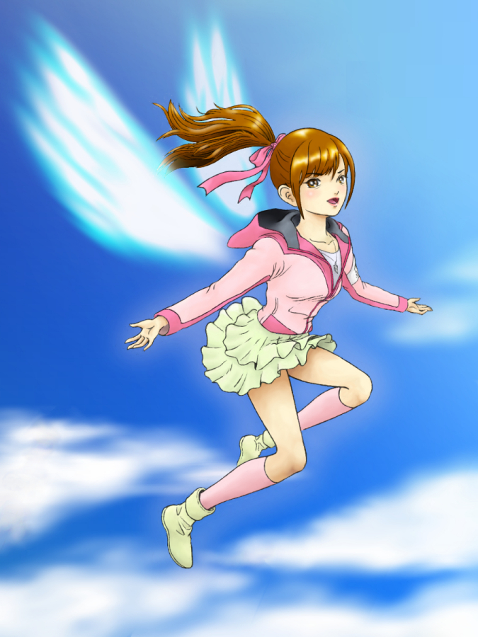 1girl, angel_wings, brown_eyes, brown_hair, eri_(goseiger), smile, super_sentai, tensou_sentai_goseiger