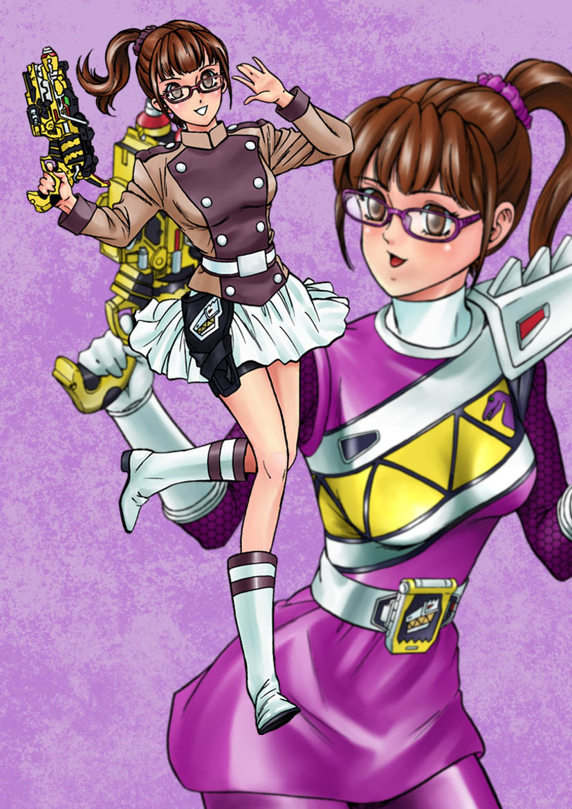 1girl, alluring, brown_eyes, brown_hair, iwa, kyoryu_violet, super_sentai, ulshade_yayoi
