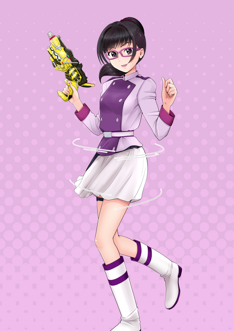 1girl, alluring, blaster_(weapon), brown_hair, explosive_(artist), glasses, holding_blaster, ponytail, super_sentai, yayoi_ulshade, zyuden_sentai_kyoryuger