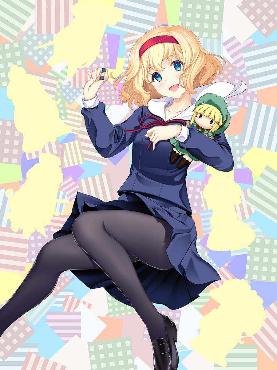 alice_margatroid, black_footwear, black_pantyhose, blonde_hair, blue_eyes, blue_shirt, blue_skirt, breasts, commentary_request, doll, feet_out_of_frame, hairband, happy, hataraki_kuma, head_tilt, highres, holding, holding_doll, jewelry, loafers, lolita_hairband, neck_ribbon, open_mouth, pantyhose, puppet_rings, red_hairband, red_ribbon, ribbon, ring, sailor_collar, shanghai_doll, shirt, shoes, skirt, small_breasts, thighs, touhou, white_sailor_collar