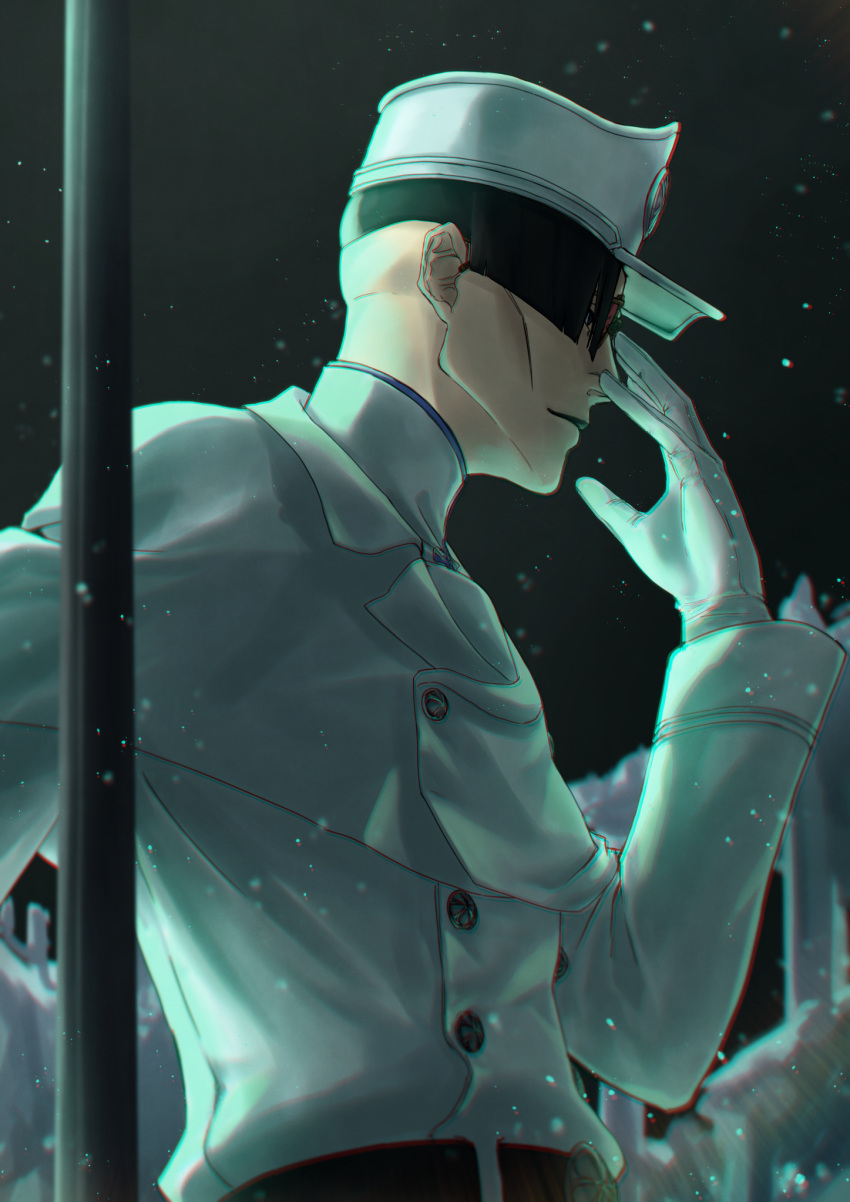 adjusting_eyewear, belt, black_hair, bleach, bleach:_the_thousand-year_blood_war, buttons, closed_mouth, glasses