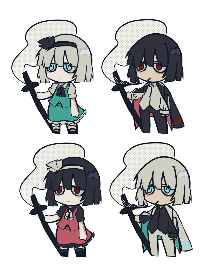 2girls, absurdres, alternate_color, bangs, black_coat, black_hair, black_hairband, black_pants