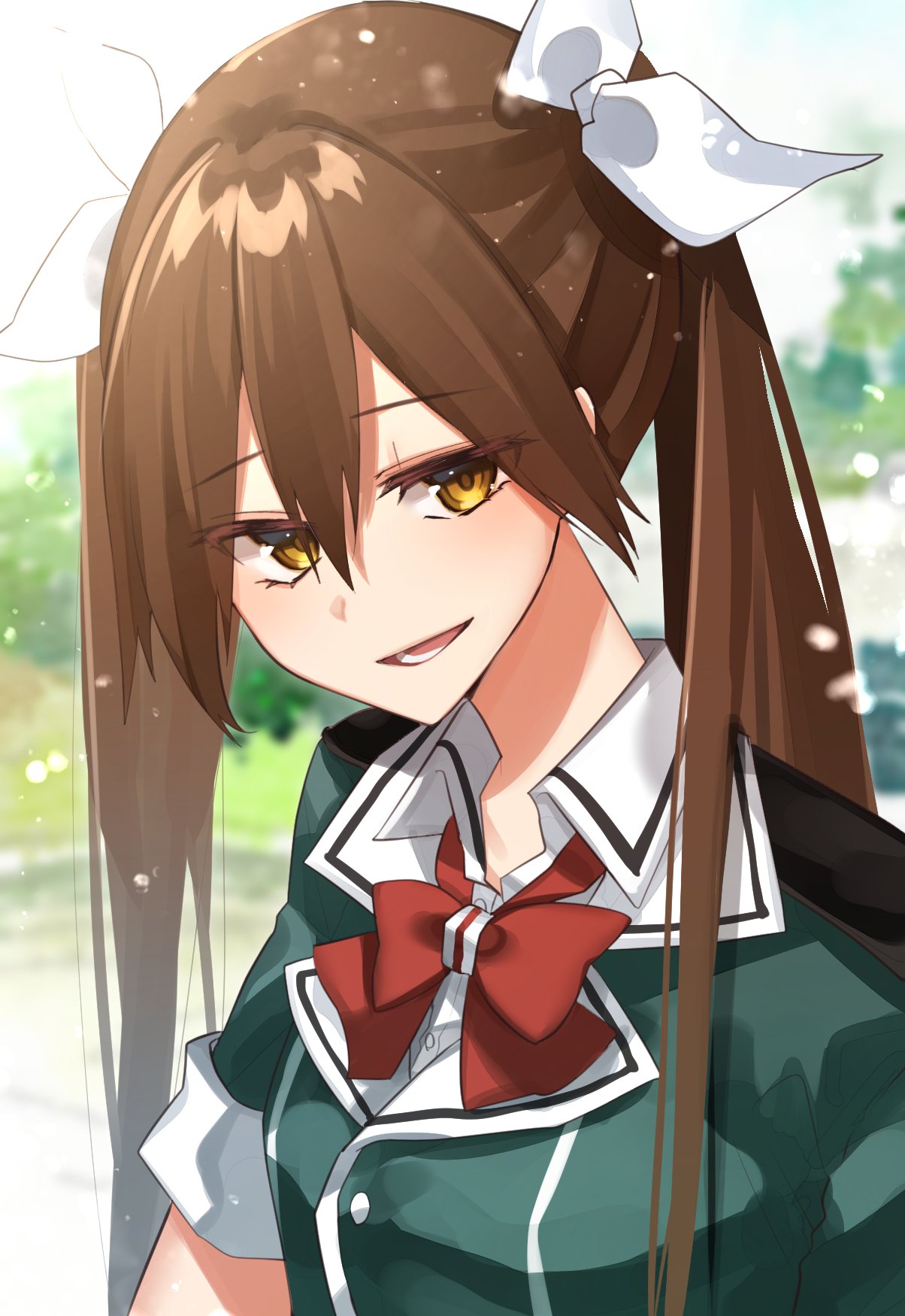 1girl, bow, bowtie, brown_hair, green_jacket, hair_between_eyes, hair_ribbon, highres
