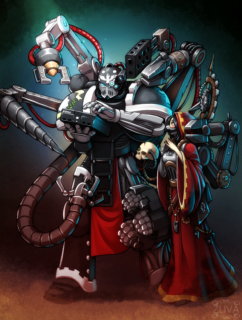 1boy, 1girl, absurdres, adeptus_astartes, adeptus_mechanicus, armor, black_hair, blush