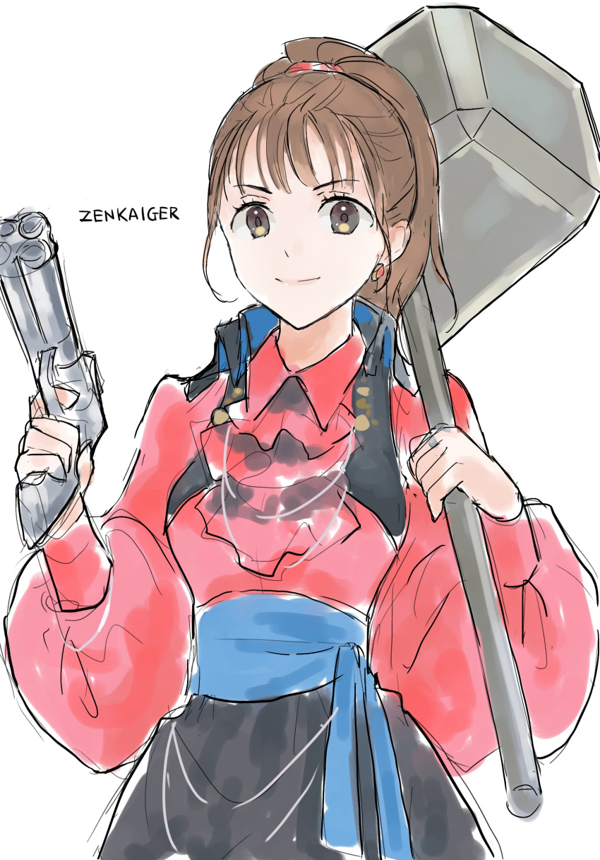 1girl, alluring, big_hammer, brown_eyes, brown_hair, flint_goldtsuiker, goldtsuiker_flint, hammer, highres, holding_blaster, kikai_sentai_zenkaiger, super_sentai, tetena