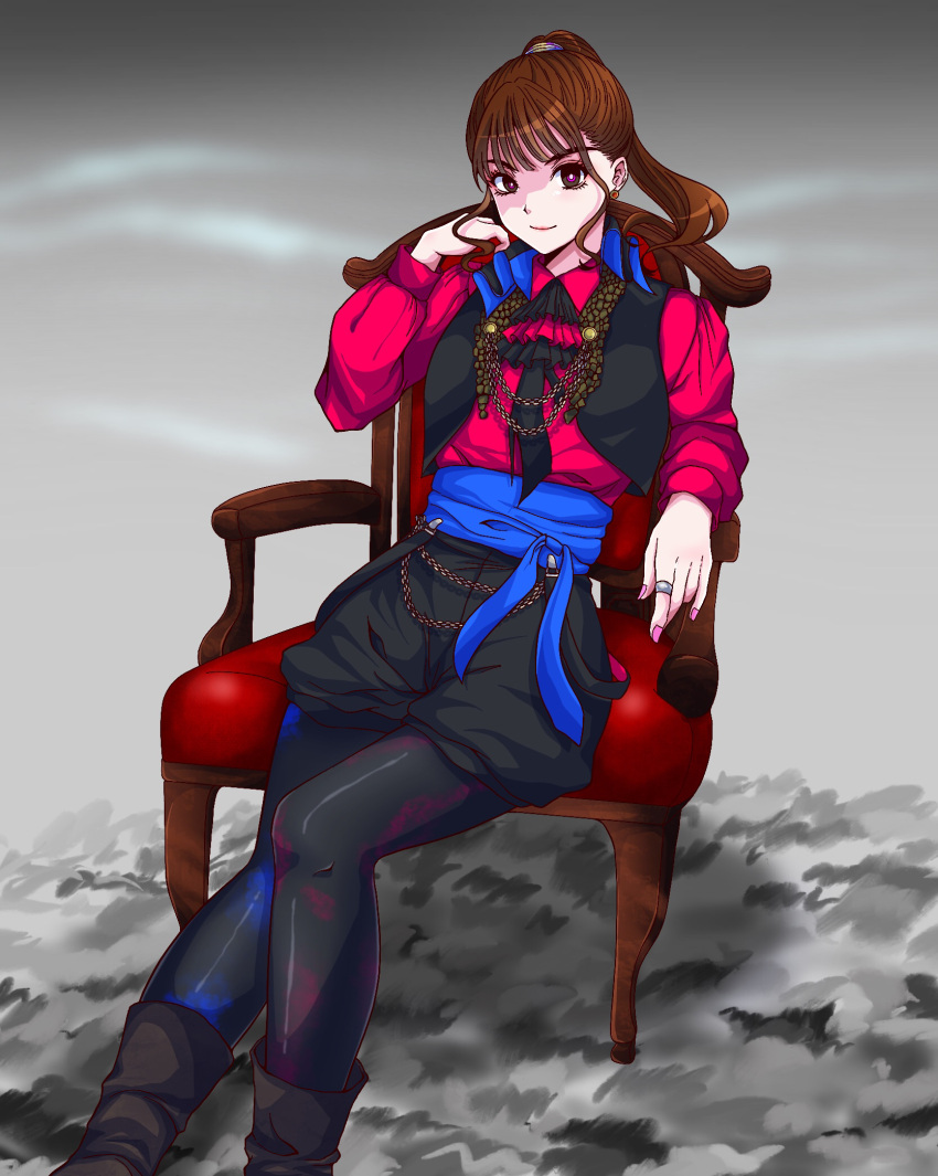 1girl, alluring, brown_eyes, brown_hair, chair, flint_goldtsuiker, highres, jewelry