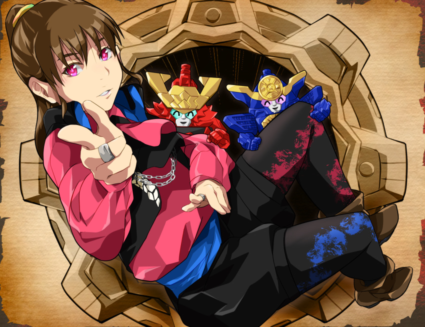 1girl, alluring, brown_hair, cutanner_goldtsuiker, flint_goldtsuiker, highres, kikai_sentai_zenkaiger, magenta_eyes