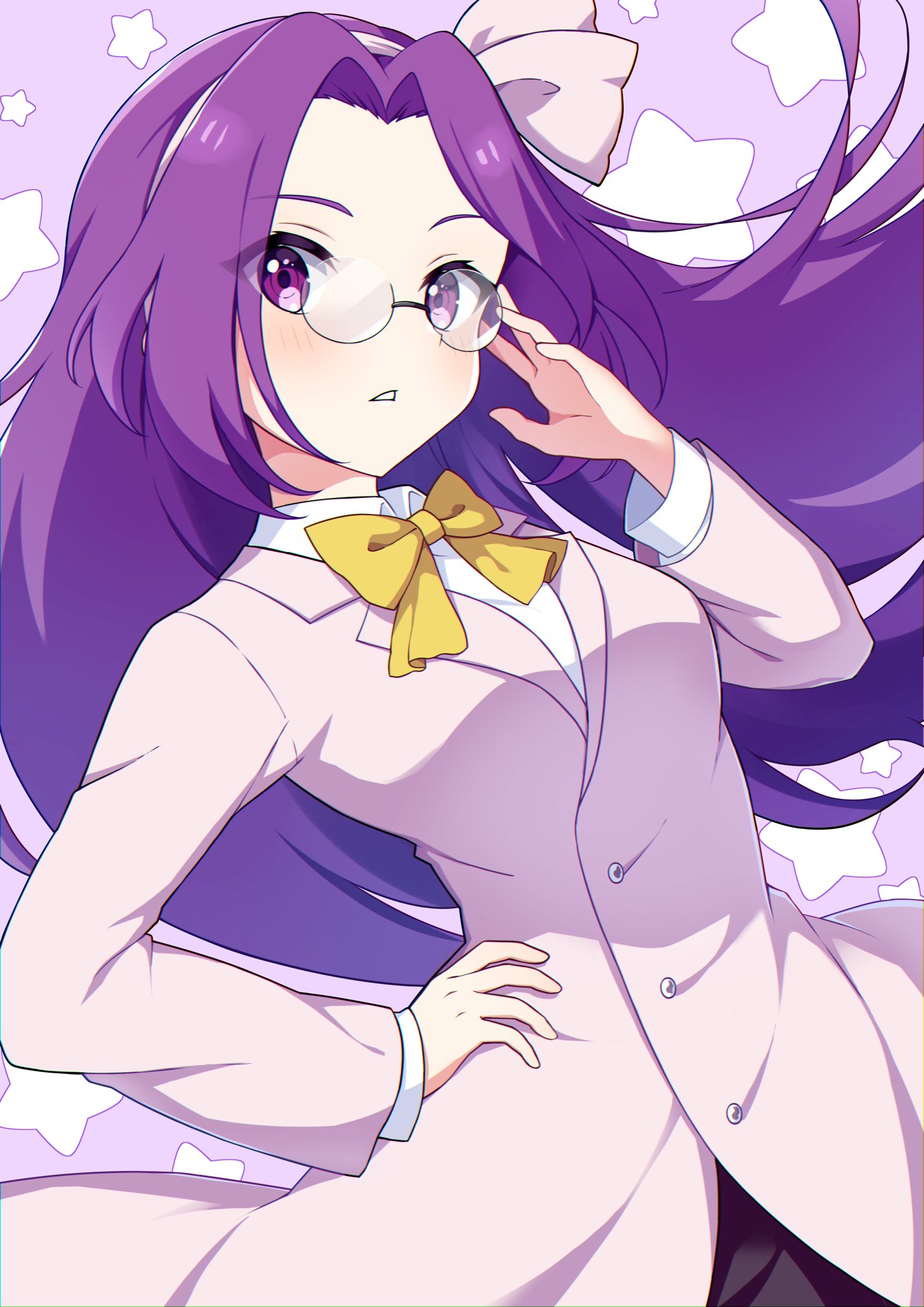 1girl, adjusting_eyewear, asakura_rikako, bangs, black-framed_eyewear, black_pants, breasts, buttons