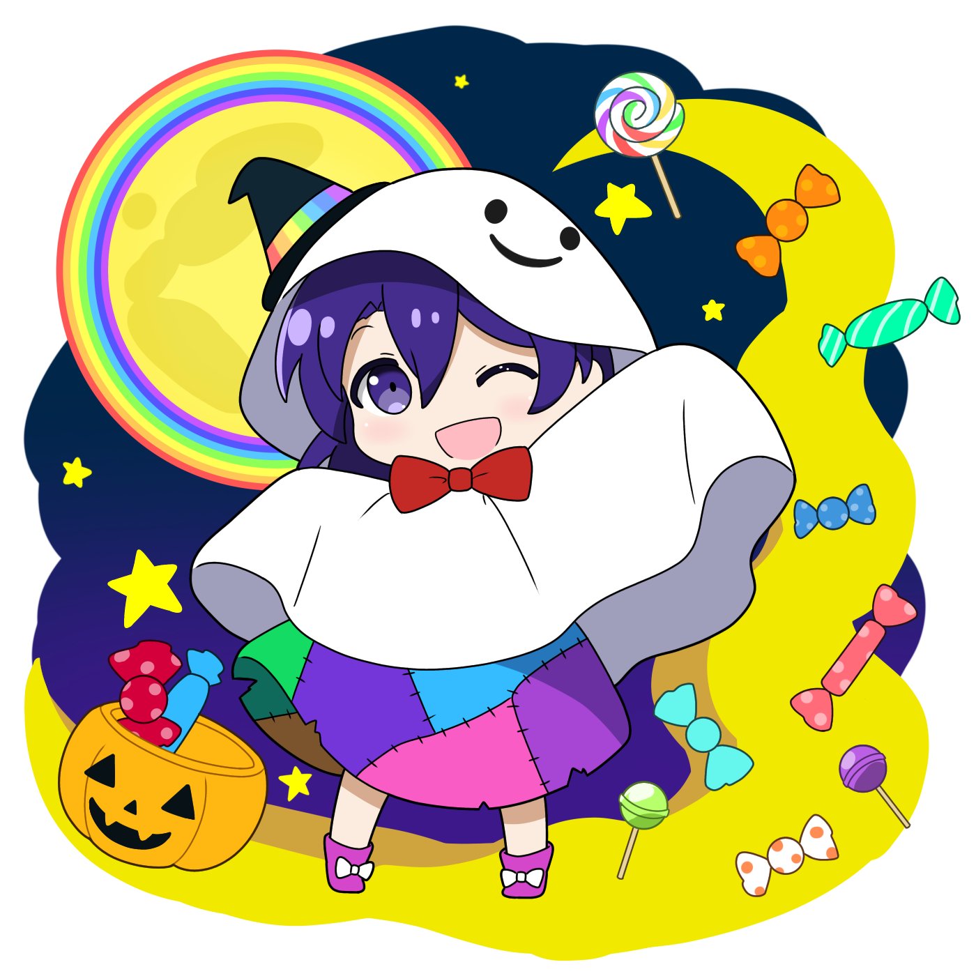 1girl, ;d, bangs, blue_eyes, blue_hair, bow, candy, crescent