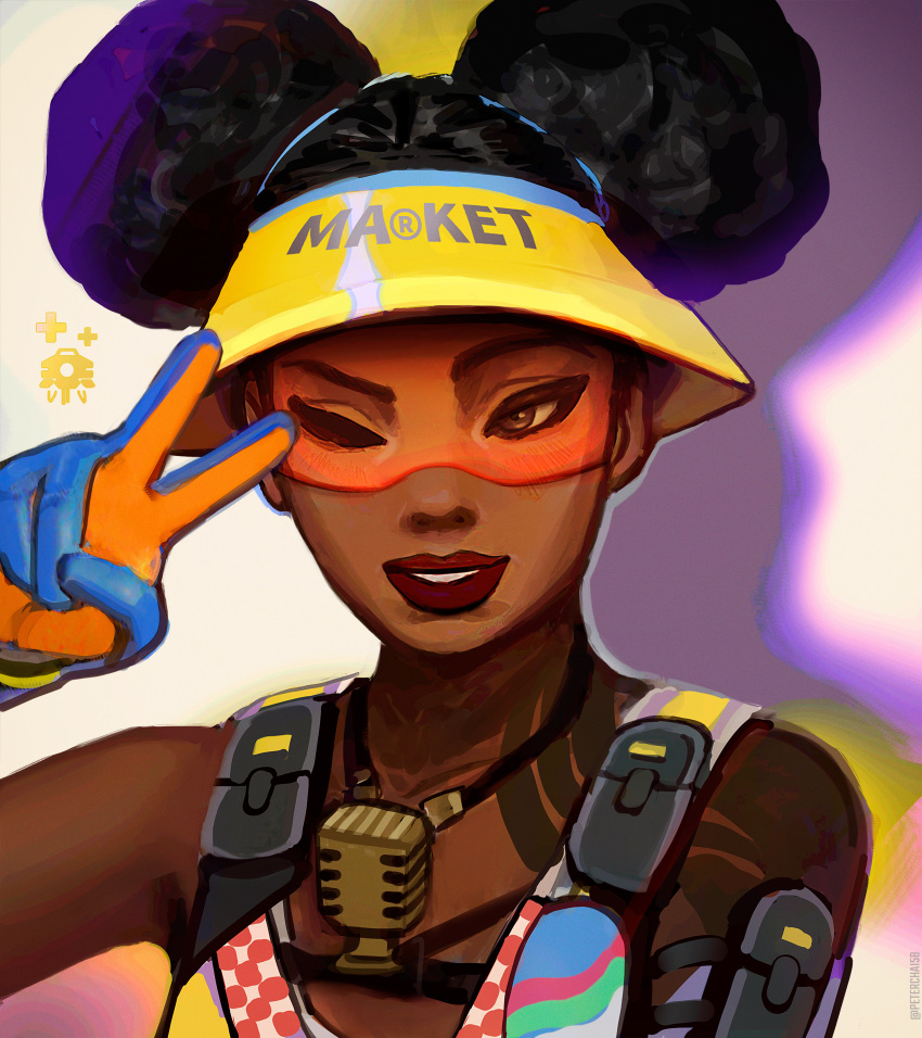 1girl, absurdres, apex_legends, arm_tattoo, black_hair, blue_gloves, brown_eyes, bucket_hat