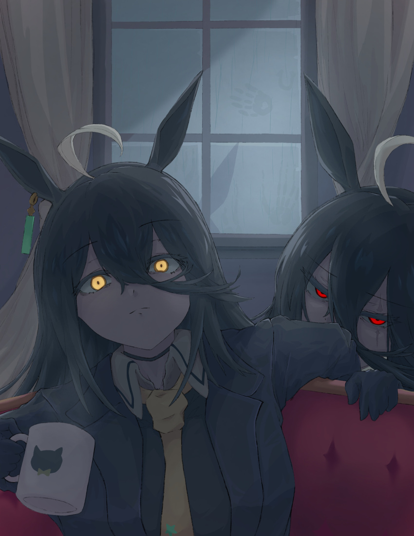 2girls, absurdres, ahoge, animal_ears, animal_print, bangs, black_gloves, cat_print, coffee_mug, commentary, cup, curtains, earrings, genderswap, genderswap_(mtf), gloves, glowing, glowing_eyes, hair_between_eyes, hand_print, highres, holding, holding_cup, horse_ears, horse_girl, jewelry, long_bangs, long_sleeves, look-alike, looking_at_viewer, manhattan_cafe_(umamusume), mug, multicolored_hair, multiple_girls, necktie, original, personification, red_eyes, runba_runba_(zwfe7432), scar, scar_across_eye, single_earring, sitting, sunday_silence_(racehorse), two-tone_hair, umamusume, white_hair, window, yellow_necktie