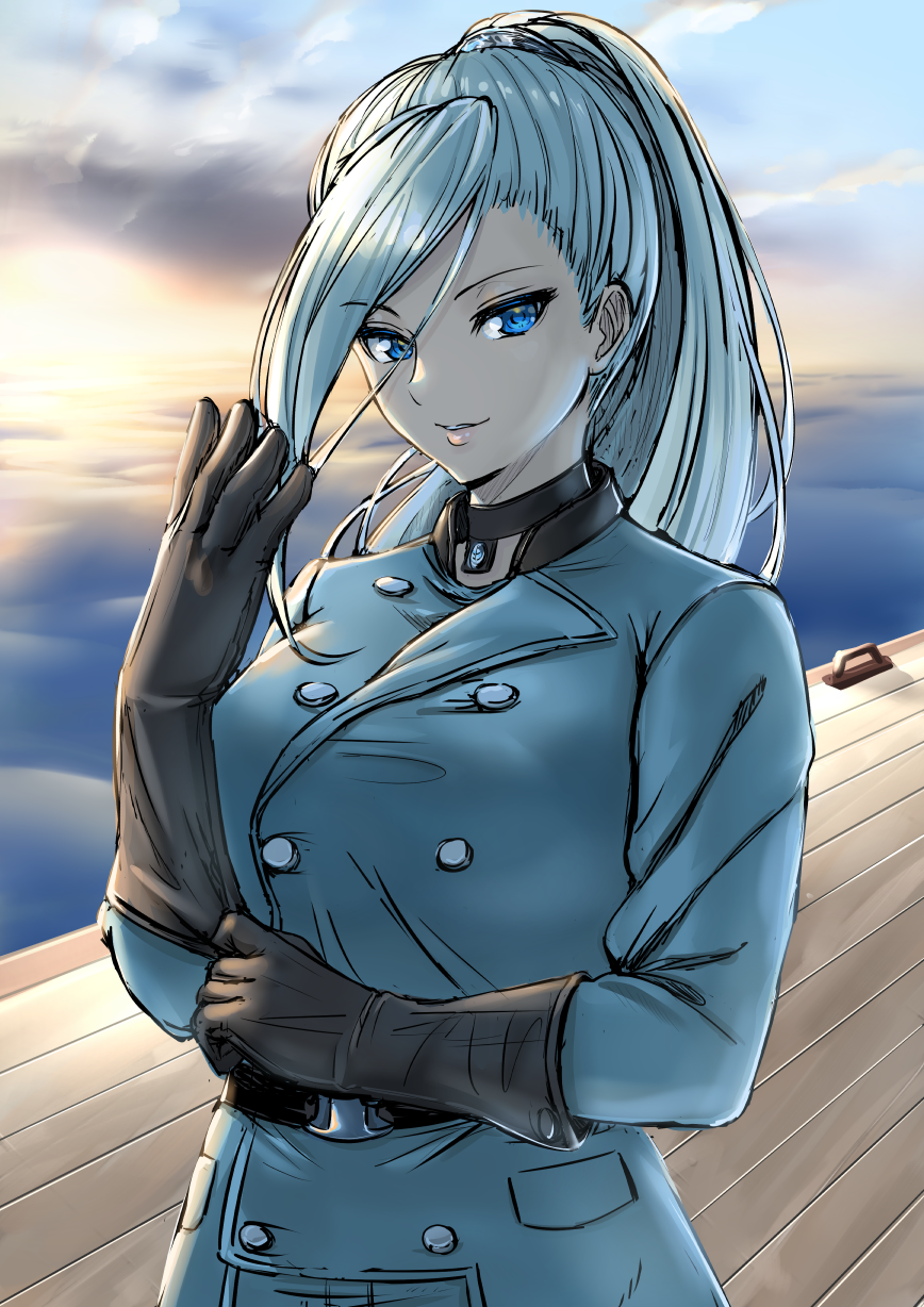 1girl, black_gloves, blue_eyes, blue_hair, gloves, highres, kaijin-m, kuutei_dragons