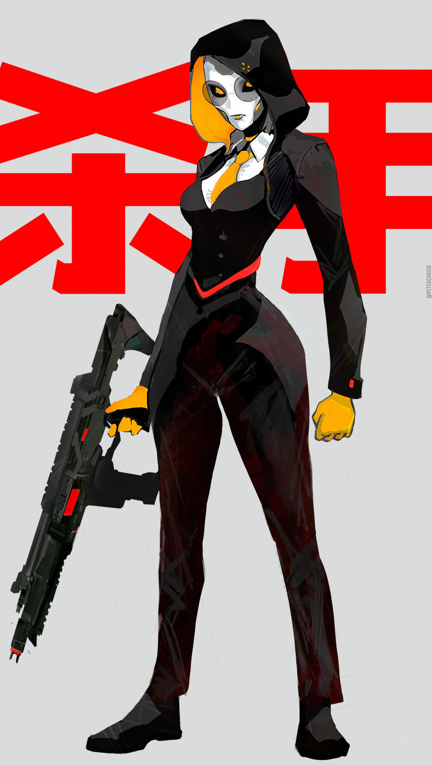 1girl, absurdres, alternate_costume, android, apex_legends, ash_(titanfall_2), assault_rifle, black_footwear